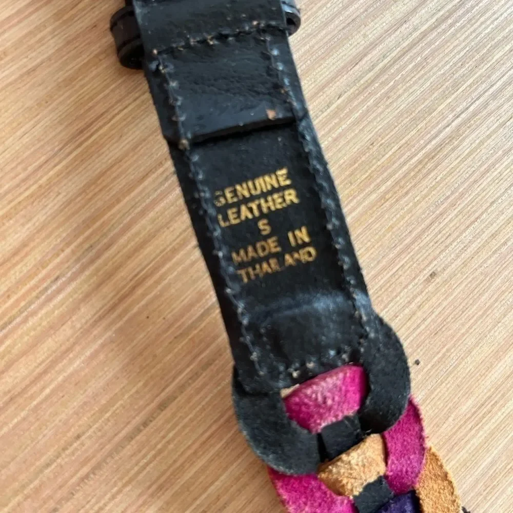 Vintage Black Leather Braided Colorful Belt